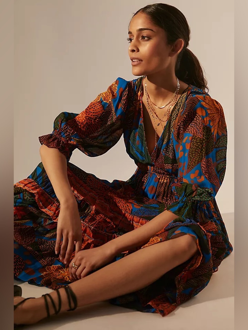 Farm rio smocked waist puff sleeve floral maxi dress Med boho feminine tropical - Picture 2 of 8